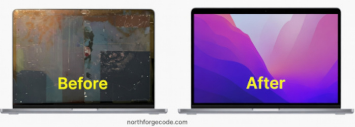 Before and after laptop repair - cracked screen fixed